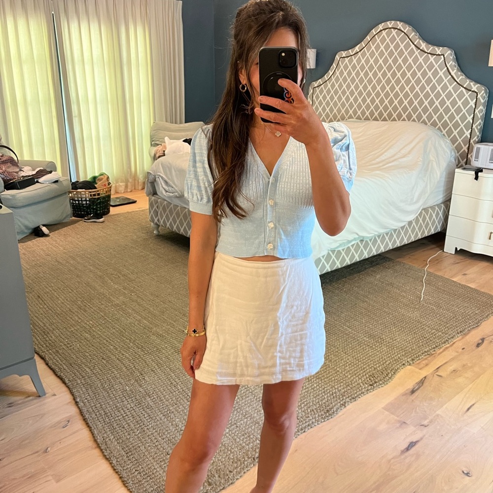 Petite Studio Light Blue Puff-Sleeve Crop Top with White Mini Skirt
